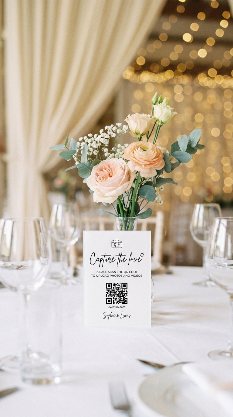Wedding guests uploading photos to a shared album via QR code